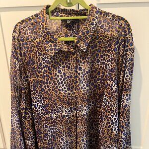 Ulla Popken Blouse, bold, semi sheer fabric, blue and gold tones, size 24
